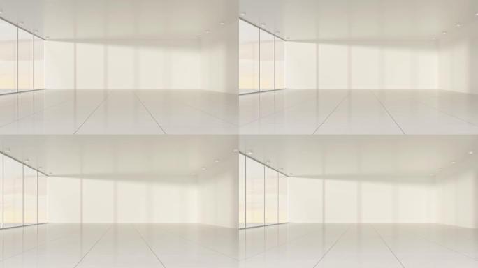 时间在白色的空房间里流逝，3d渲染。
