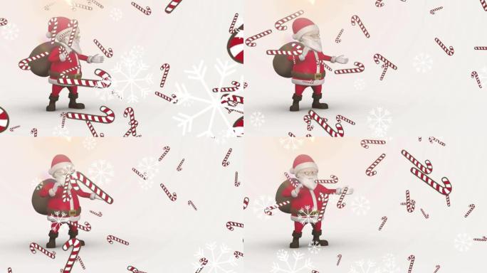 圣诞老人走路时掉落的雪和糖果棒动画