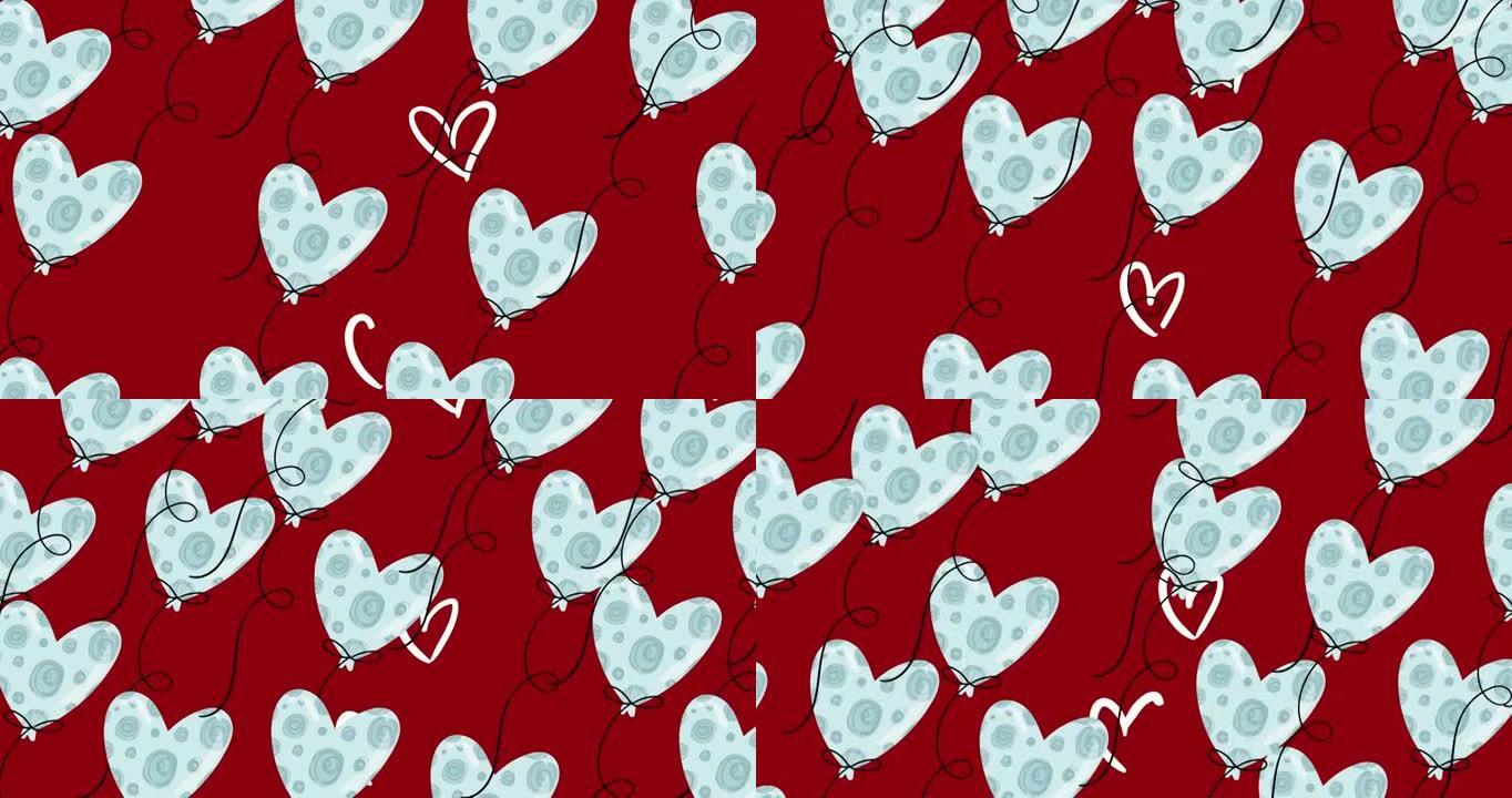 白色心形气球漂浮在红色背景上的动画