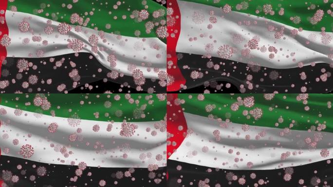 阿拉伯联合酋长国的新型冠状病毒肺炎病毒大流行。带冠状病毒的阿联酋国旗