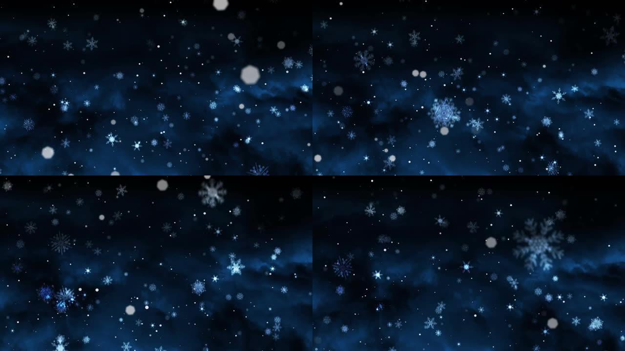 夜空背景上漂浮的白色光点和雪花的动画