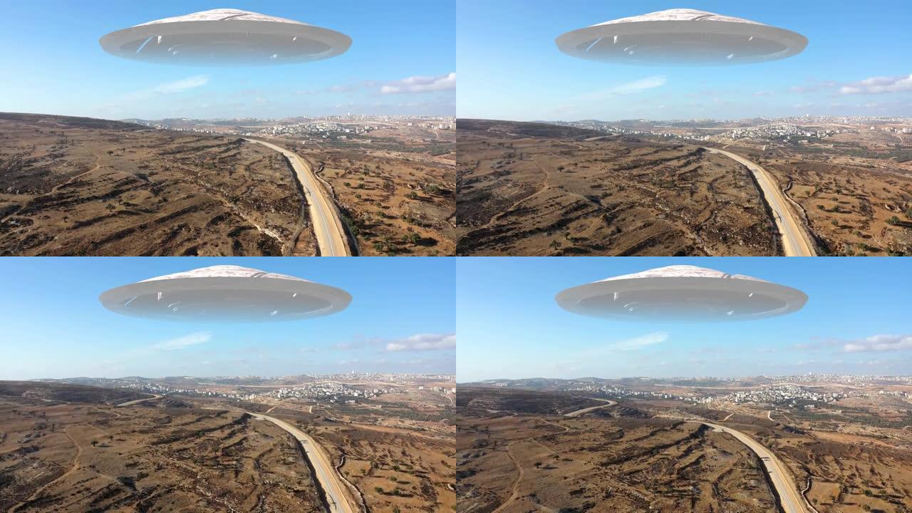 外星飞船ufo盘旋在山上-鸟瞰图