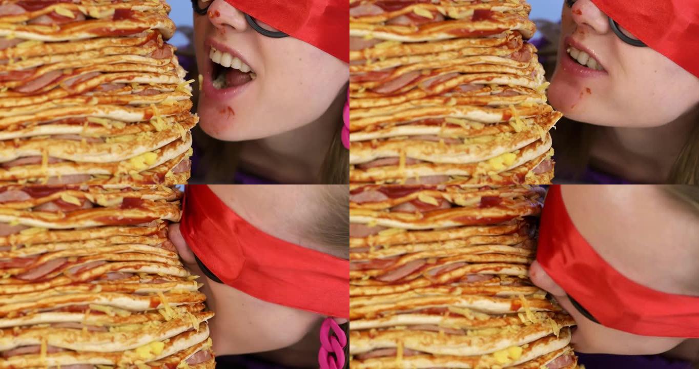 饥饿的女人蒙着眼睛吃意大利辣香肠比萨饼塔