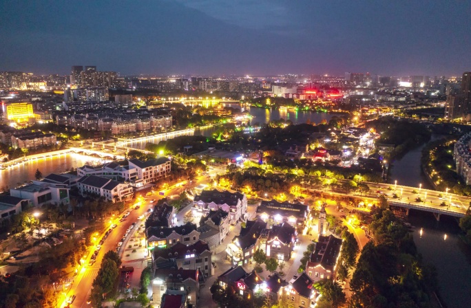 泰州海陵夜景航拍三水湾望海楼延时