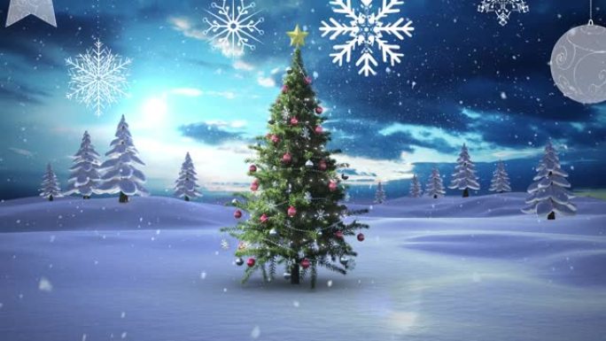 悬挂圣诞装饰品在冬天风景上落在圣诞树上的雪上