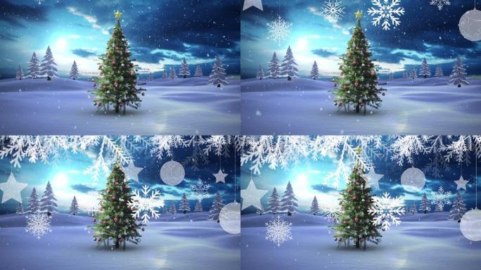 悬挂圣诞装饰品在冬天风景上落在圣诞树上的雪上