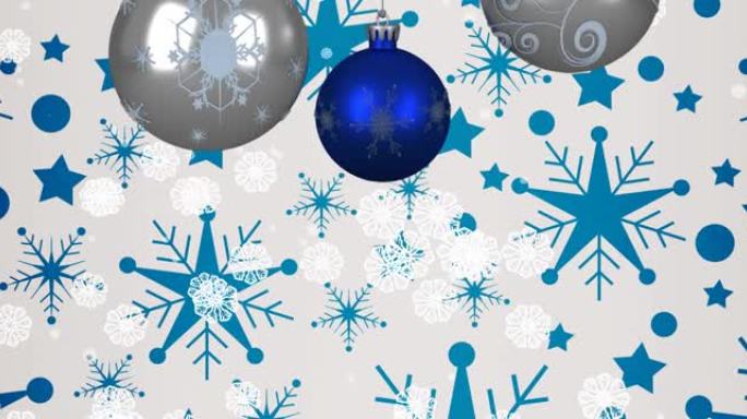 圣诞节小玩意和白色背景上的星星飘落的雪花动画