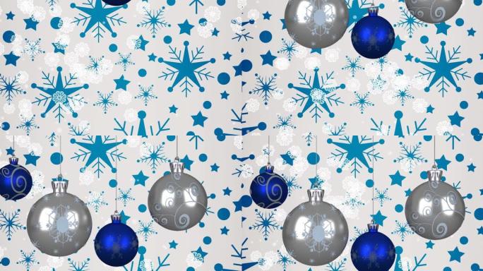 圣诞节小玩意和白色背景上的星星飘落的雪花动画