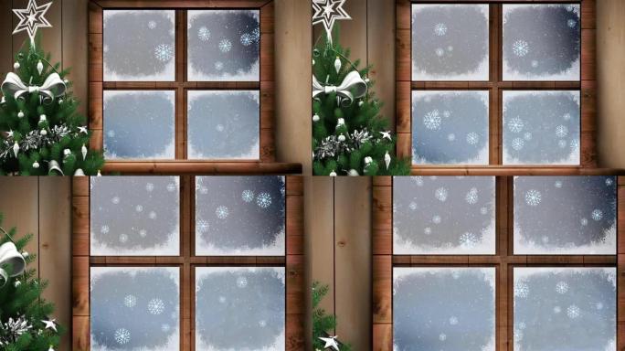 圣诞树和木制窗框抵御冬天的积雪