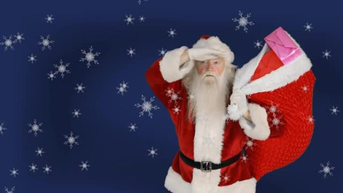 圣诞老人提着礼物的麻袋动画，雪落在蓝色背景上