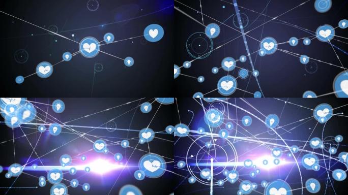 黑暗背景上带有图标的连接网络动画