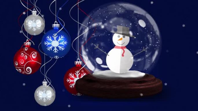 小玩意的动画，雪球，雪人和雪落在深蓝色背景上