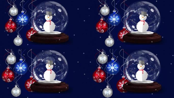 小玩意的动画，雪球，雪人和雪落在深蓝色背景上