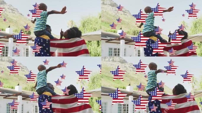 动画的星星与美国国旗挥舞在微笑的非洲裔美国家庭