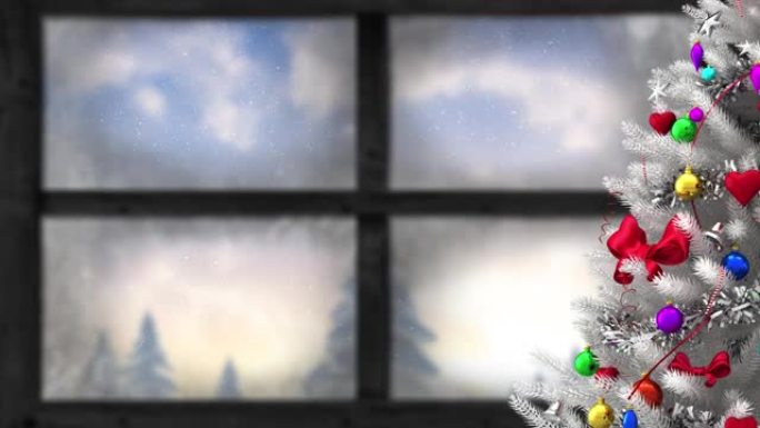 透过窗户看到冬天风景的雪花和圣诞树的动画