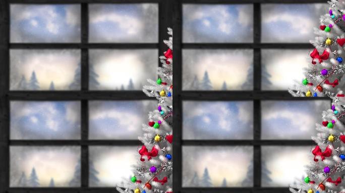 透过窗户看到冬天风景的雪花和圣诞树的动画