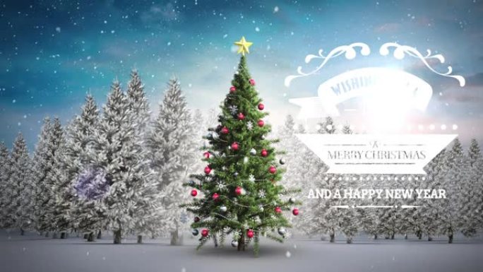 带有圣诞树的冬季景观背景下的圣诞节问候动画