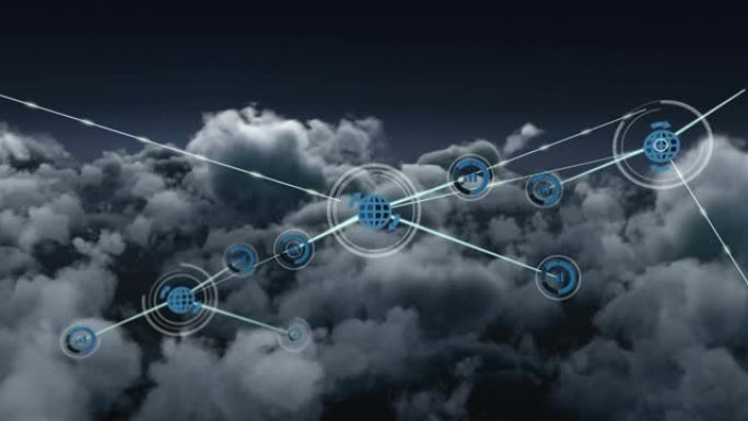 天空上带有图标的连接网络动画