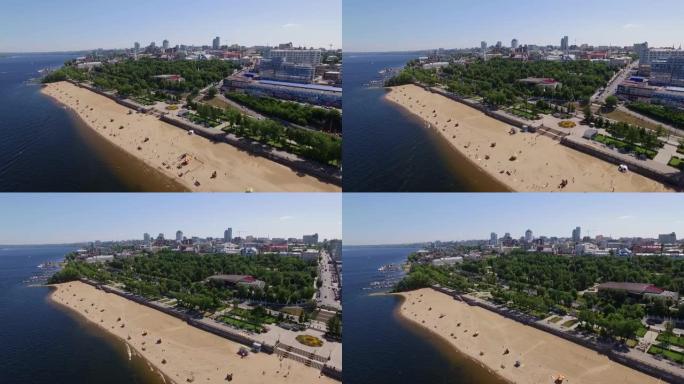 俄罗斯伏尔加河沿岸大型现代城市的空中全景