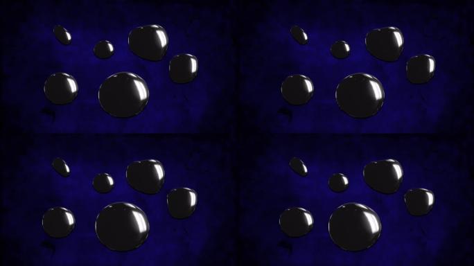 纹理蓝色背景下多个黑色水滴的数字动画