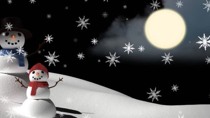 冬天风景中两个微笑的雪人上的雪的动画