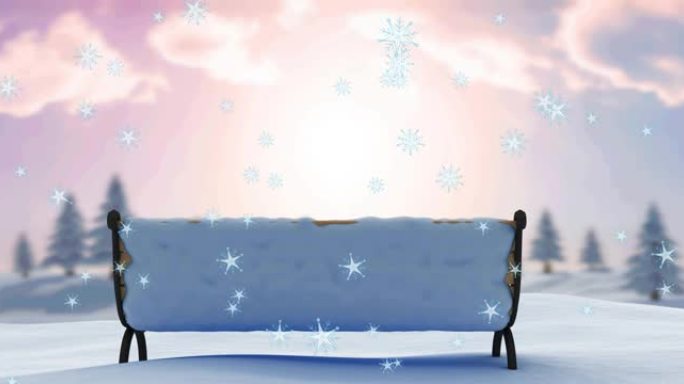 冬季风景中积雪覆盖的长凳上的雪掉落动画