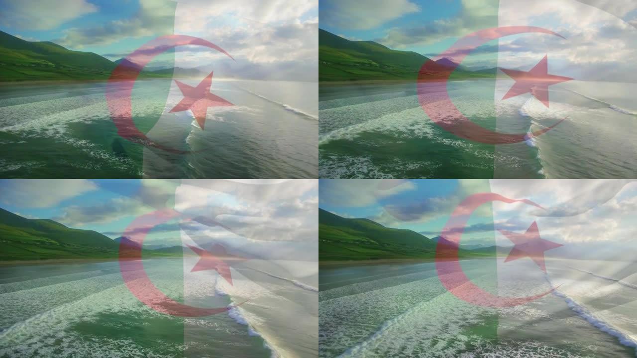 数字组成挥舞阿尔及利亚国旗对抗海滩和海浪的鸟瞰图
