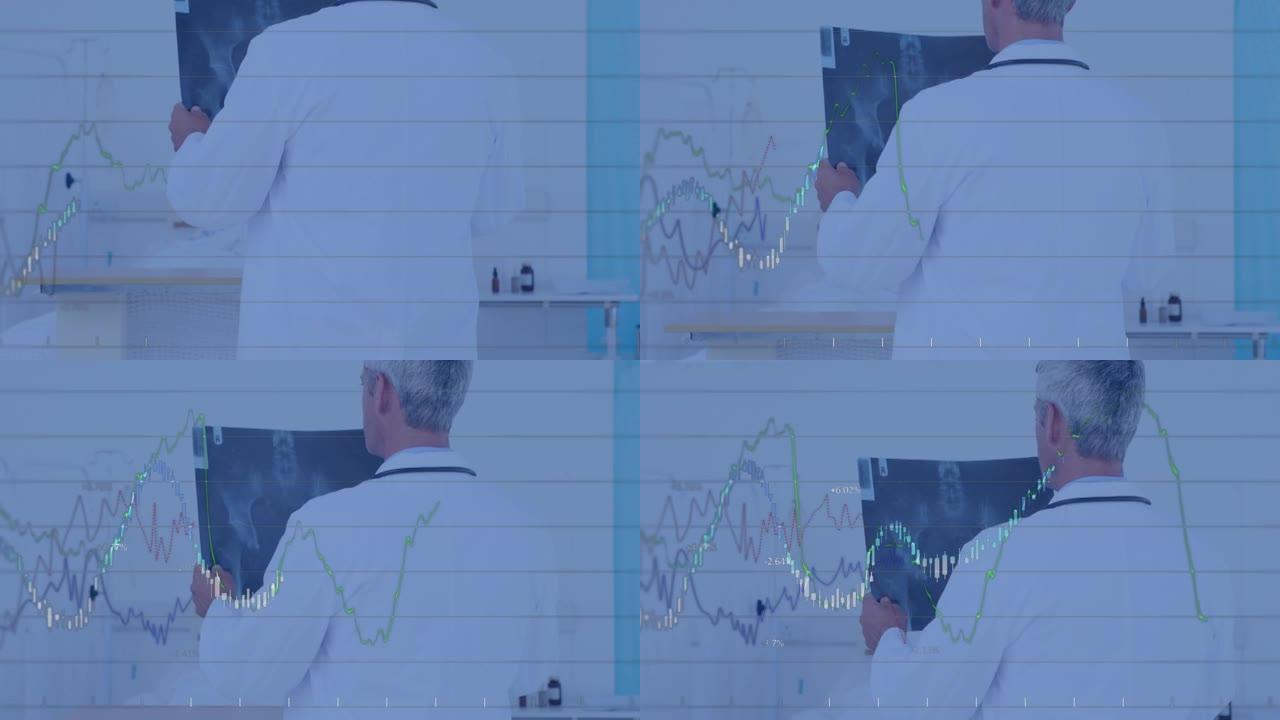 白人男性医生手持x射线的数据处理动画