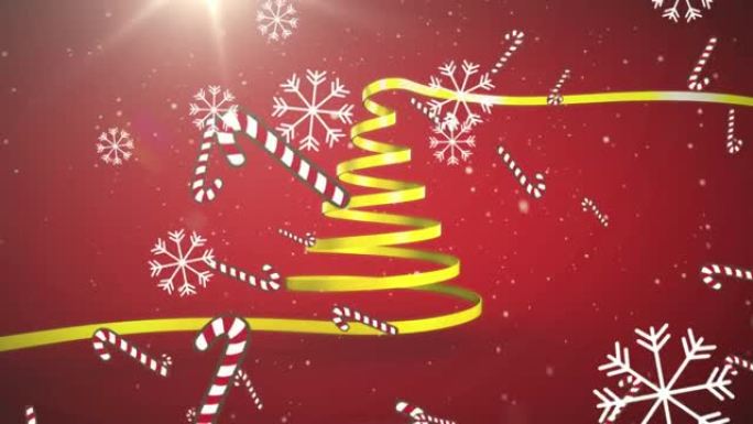 用黄丝带和糖果手杖和雪落下形成的圣诞树动画