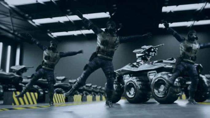 未来主义军事士兵在军事基地跳舞。逼真的4k动画。