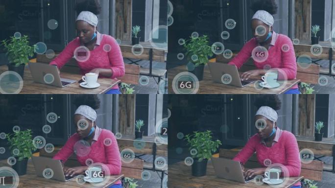 在咖啡馆外使用笔记本电脑的非洲裔美国妇女的5g和6g图标动画