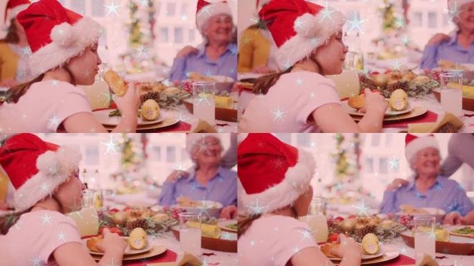 下雪的动画落在微笑的高加索家庭上，圣诞老人的帽子在吃晚饭