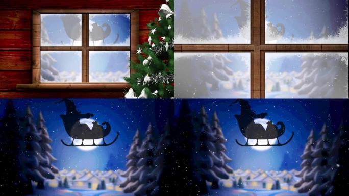 透过窗户看到的冬季风景中的雪橇中的圣诞老人动画