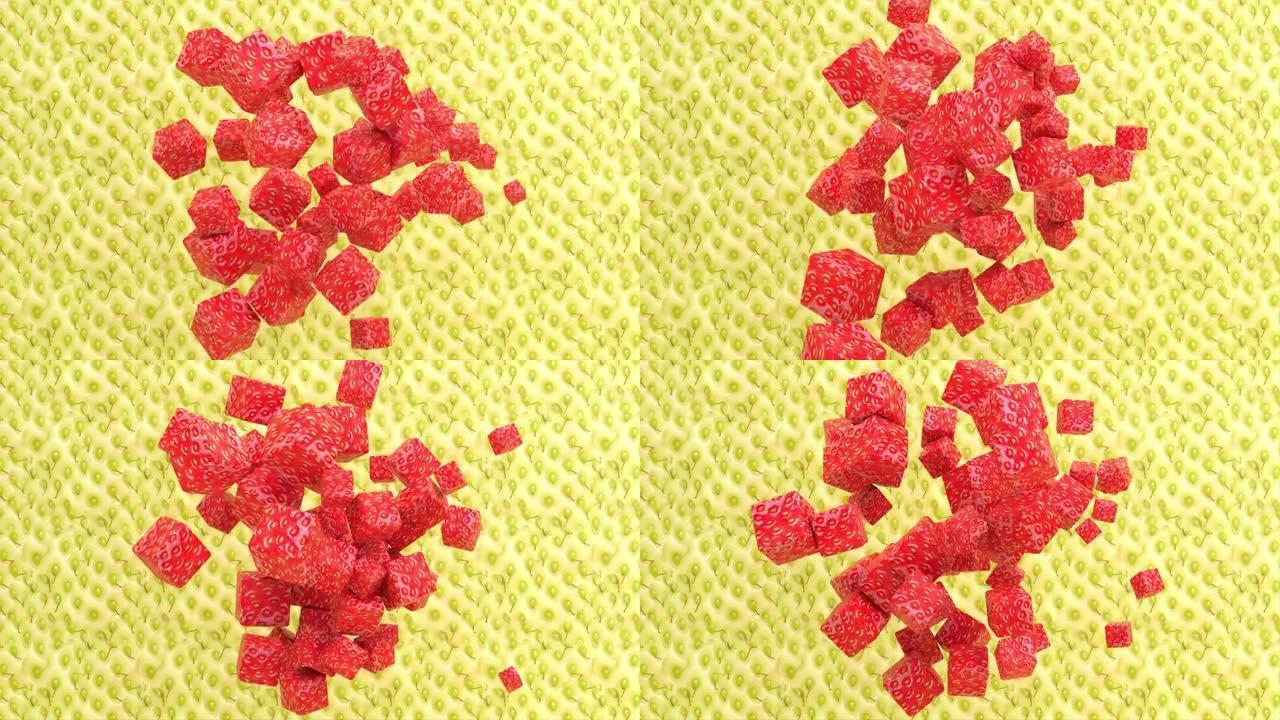 新鲜成熟多汁的红色切片草莓水果3d渲染动画抽象背景，有机健康甜生美味浆果4k动画，素食夏季小吃创意概