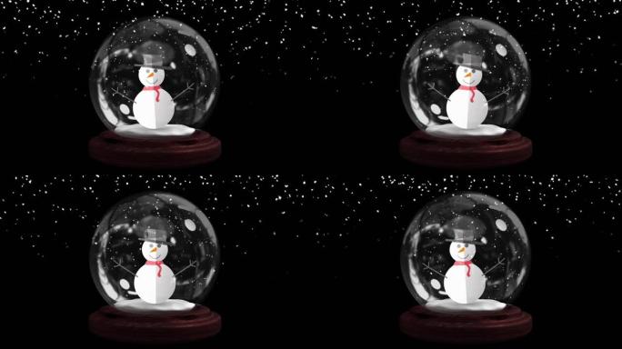 黑色背景上雪人在雪上的雪球动画