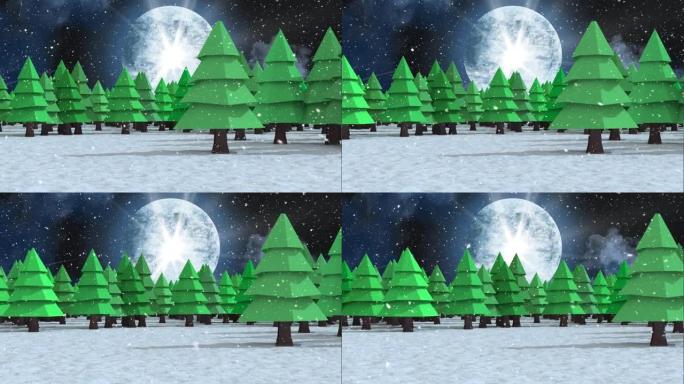 雪落在夜空中月亮的冬季景观上的多个树木图标上