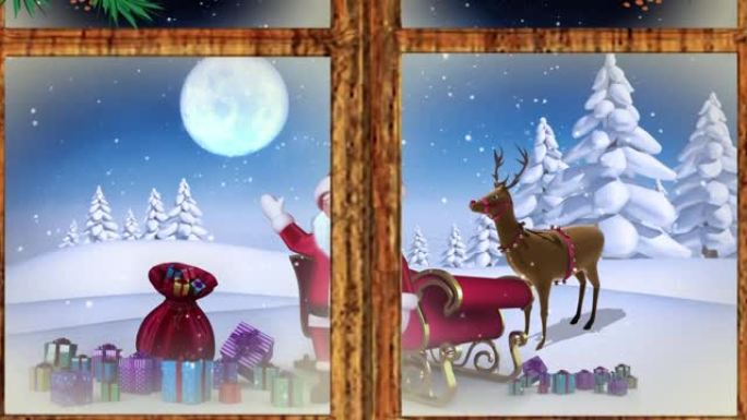 透过窗户看到挥舞着圣诞老人和驯鹿的冬季圣诞节场景的动画