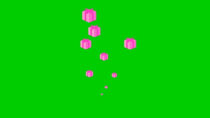 动画粉色礼物从下到上飞来飞去。现在的概念，奖金。绿色背景上孤立的礼物喷泉。