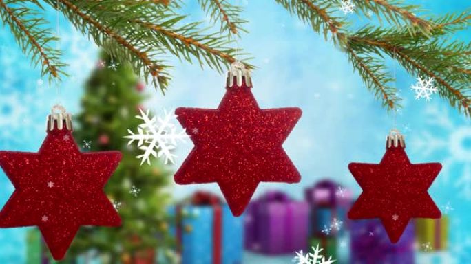 杉木树枝的动画和圣诞树上的装饰