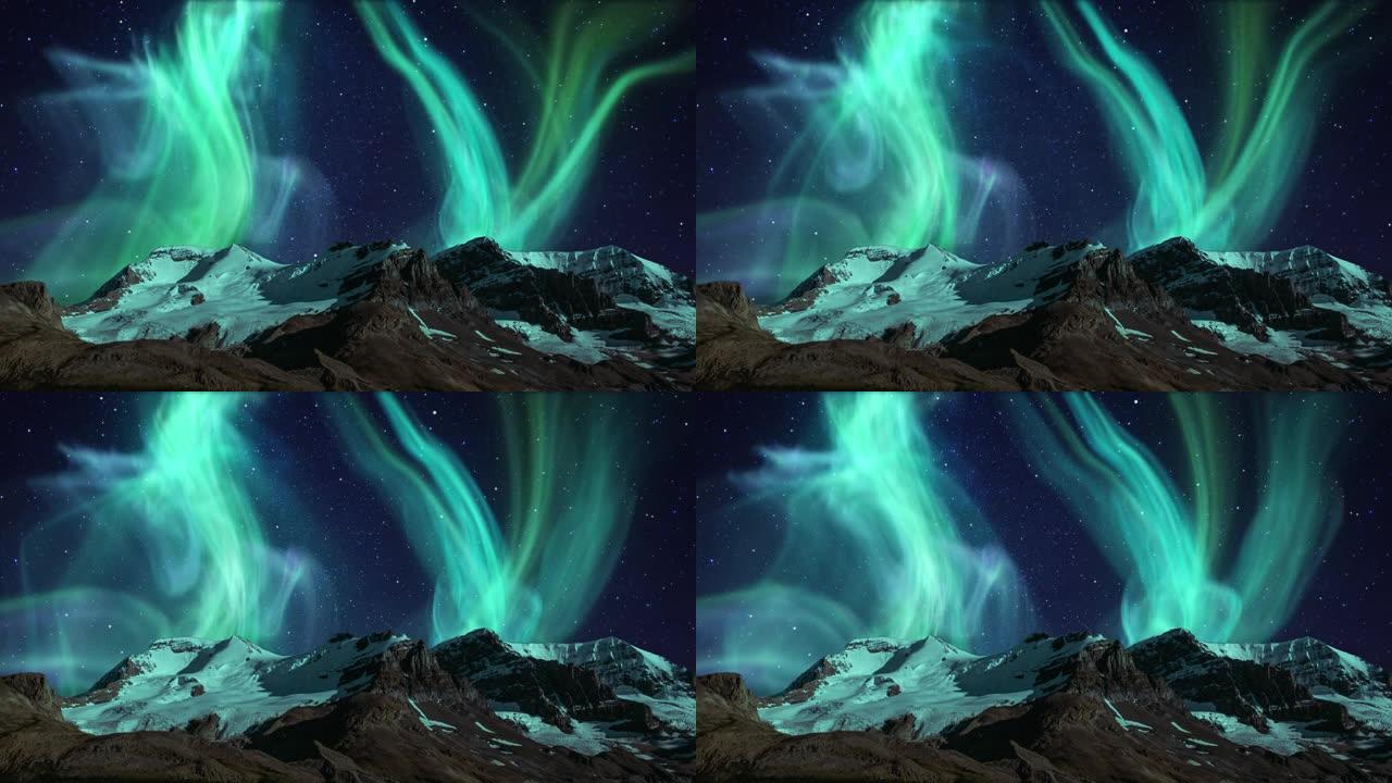 逼真的北极光动画。挪威、加拿大、芬兰、冰岛和瑞典的北极光点亮绿色。寒冷夜晚的极地天气和蓝色星空。梦幻