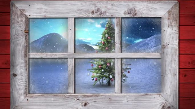 木制窗框抵御冬季景观上的圣诞树上的积雪