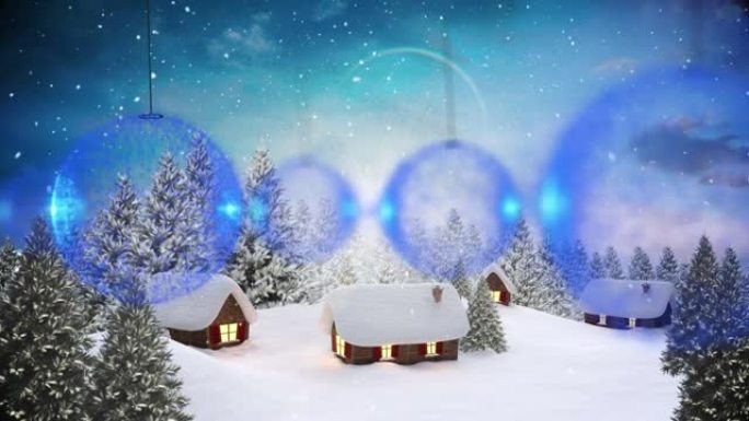 冬季风景中的圣诞节小玩意在房屋上的动画