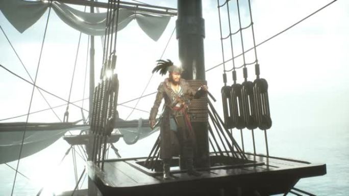 船上一个强大的海盗透过他的望远镜看。这个人是使用3D计算机图形创建的。3D渲染。该动画非常适合海盗和