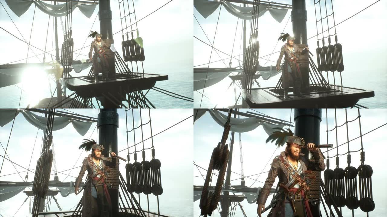 船上一个强大的海盗透过他的望远镜看。这个人是使用3D计算机图形创建的。3D渲染。该动画非常适合海盗和
