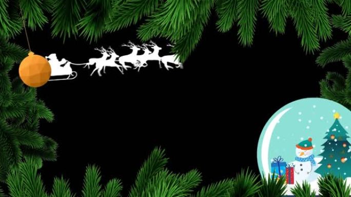 黑色背景上的雪球和圣诞老人雪橇上的圣诞枞树框架动画