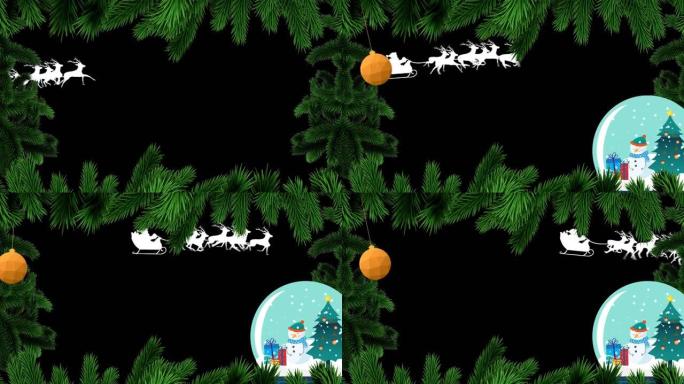 黑色背景上的雪球和圣诞老人雪橇上的圣诞枞树框架动画
