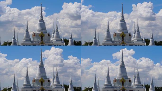 Samutprakan省的阿育王寺庙。泰国。以云为背景的时间流逝。佛教圣地和地标。