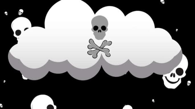 黑色背景上头骨和骨头的头骨掉落和云的动画