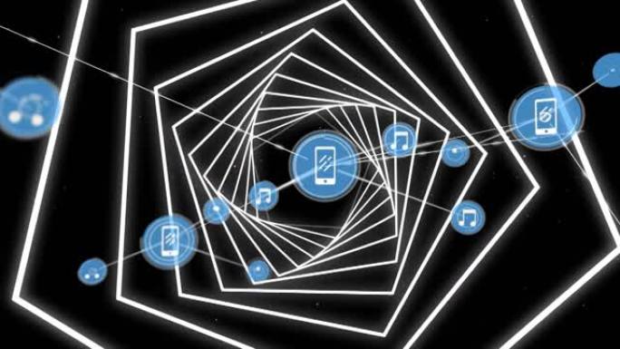 黑色背景上六角形隧道数字图标网络的数字动画