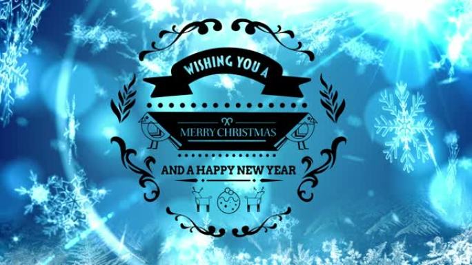 圣诞快乐，新年快乐，反对雪花和蓝色光点的文字横幅